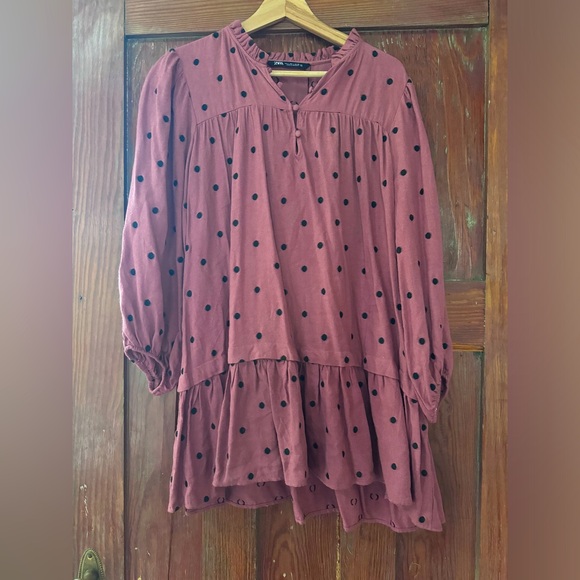 Pink/Rust and black polka dotted Zara tiered dress size L - Picture 1 of 4